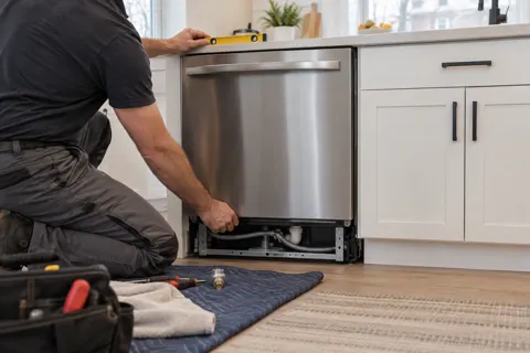 Installer levelling a built-in dishwasher in a kitchen