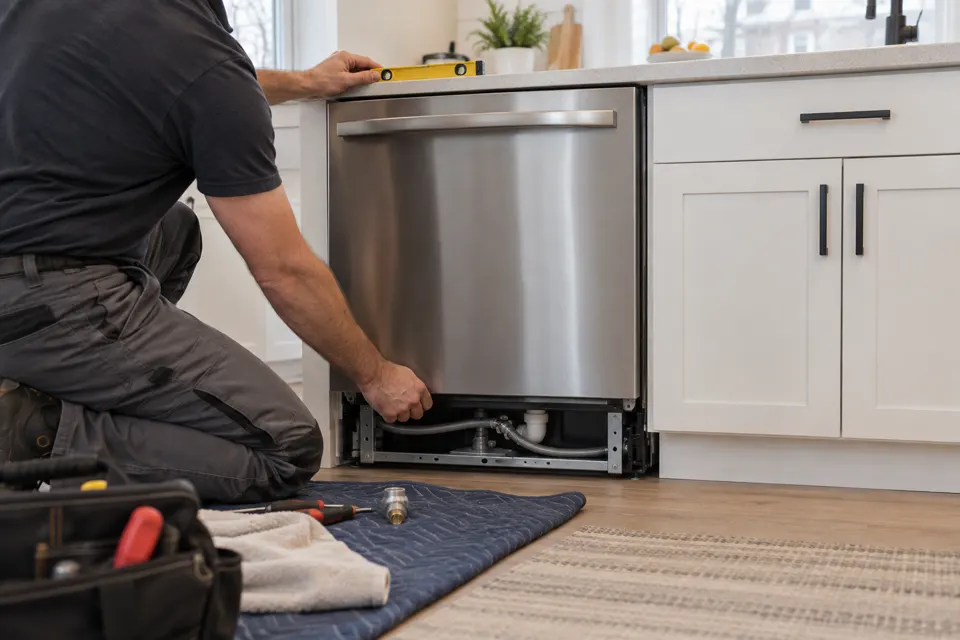 Installer levelling a built-in dishwasher in a kitchen