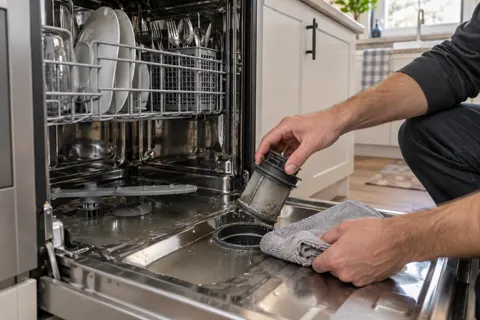 Technician removing a dishwasher drain filter