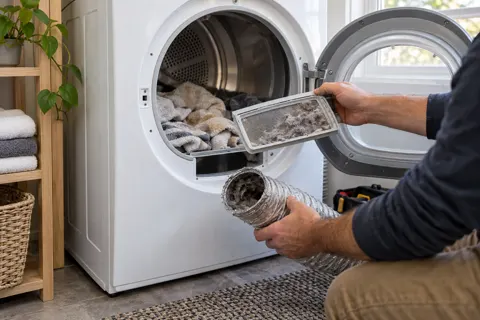 Technician checking a dryer lint filter and vent