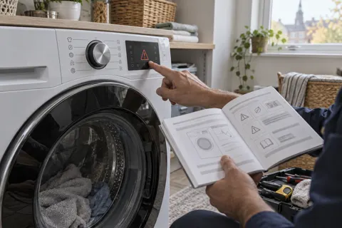 Technician checking a washing machine warning display against a manual
