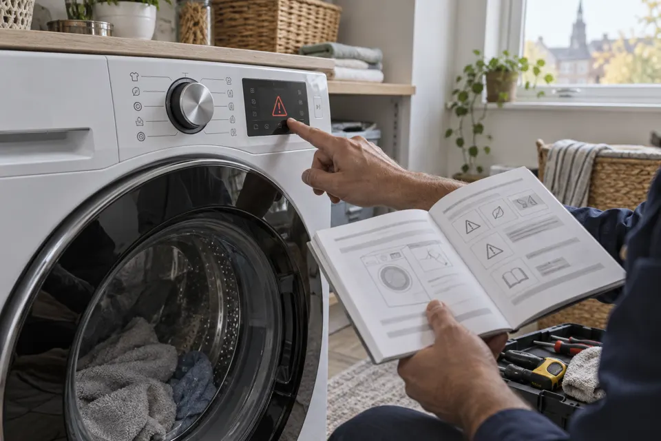 Technician checking a washing machine warning display against a manual