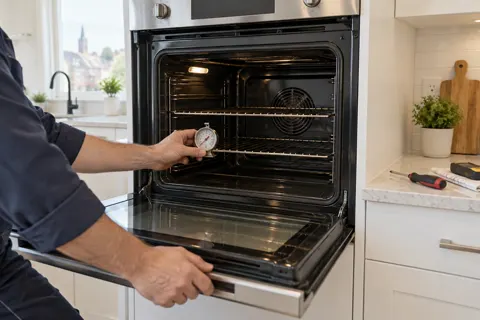 Technician checking an electric oven with a thermometer