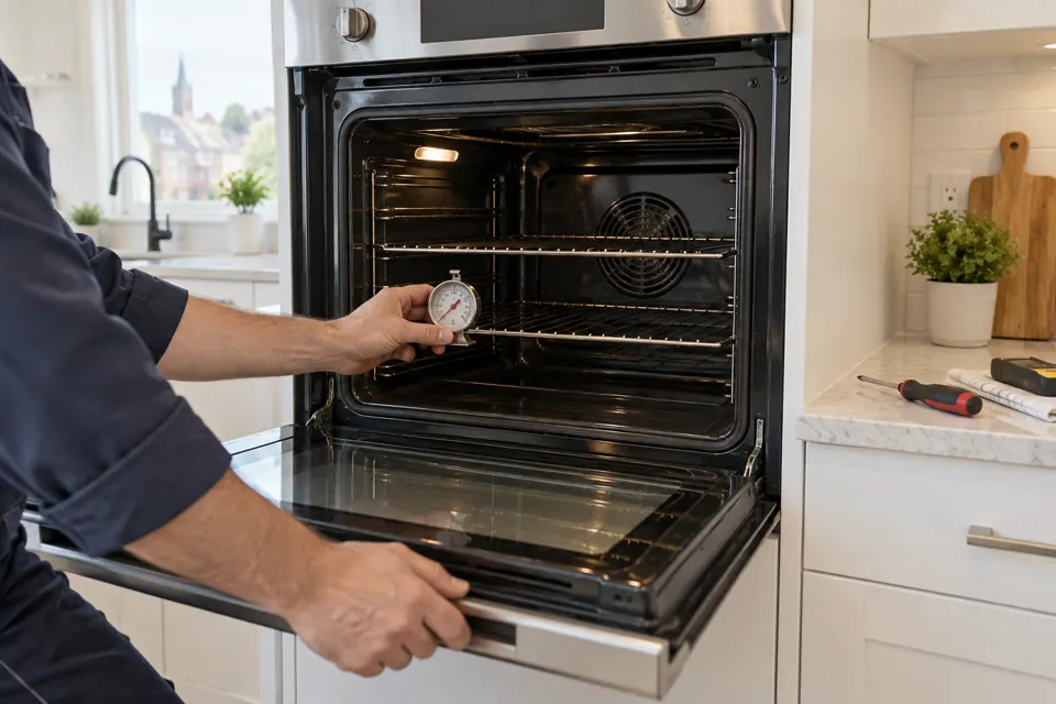 Technician checking an electric oven with a thermometer