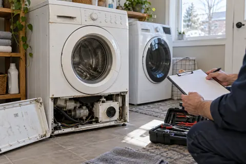 Technician inspecting an older washing machine before an estimate