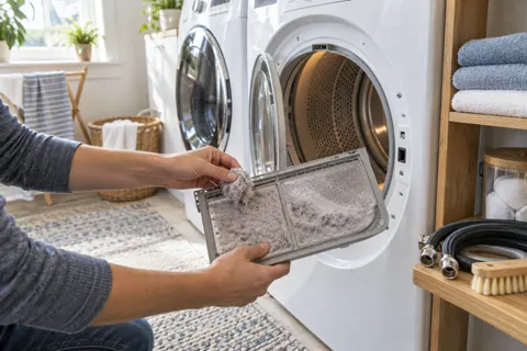 Hands cleaning a dryer lint filter during seasonal maintenance