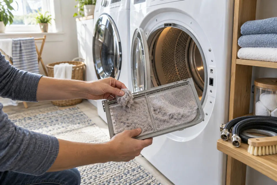 Hands cleaning a dryer lint filter during seasonal maintenance