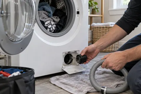 Technician checking a washer drain filter and hose