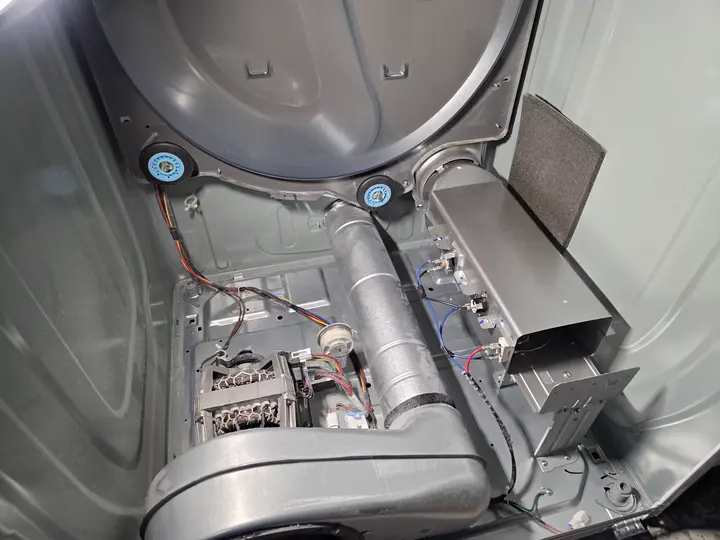 Internal components of a dryer exposed for inspection