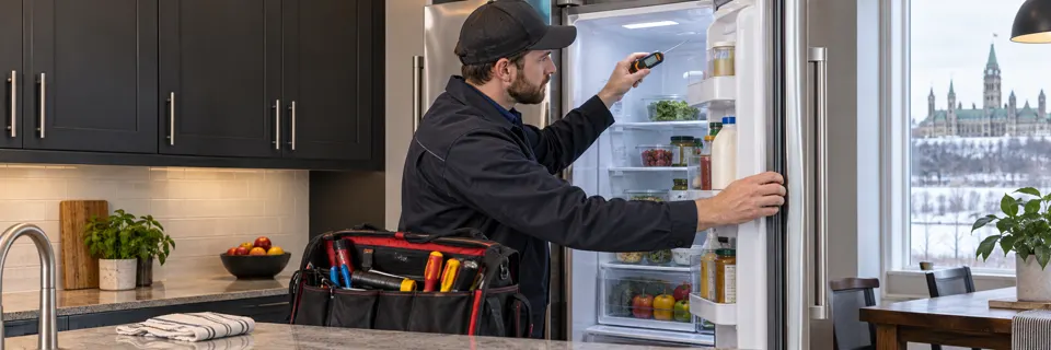 Technician testing the temperature of an open refrigerator
