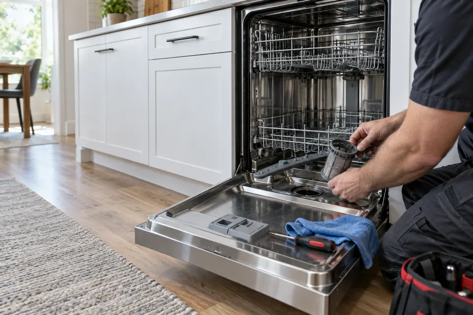 Dishwasher Repair technician diagnosing an appliance in Ottawa
