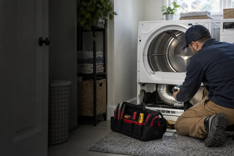 Dryer Repair technician diagnosing an appliance in Ottawa