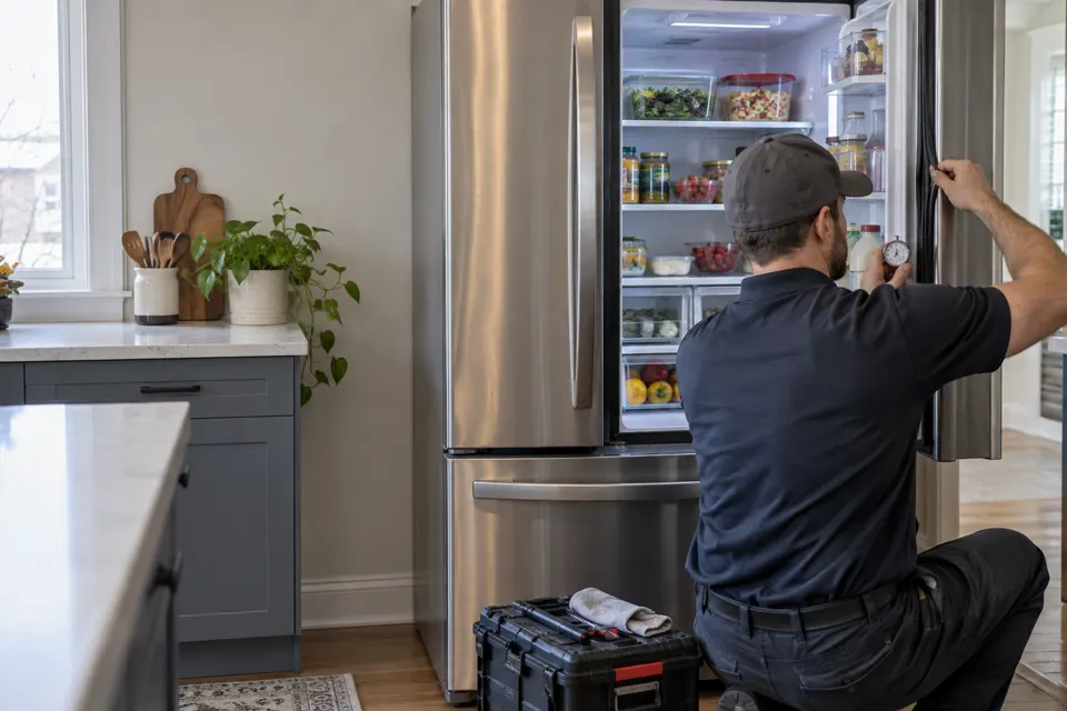 Fridge Repair technician diagnosing an appliance in Ottawa