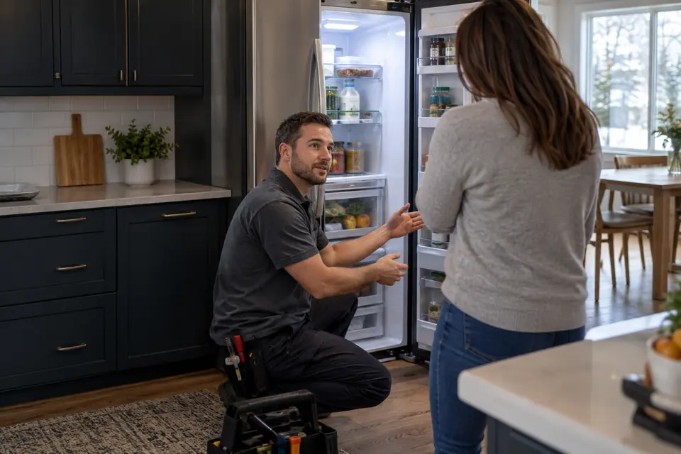 Technician discussing appliance service with a homeowner