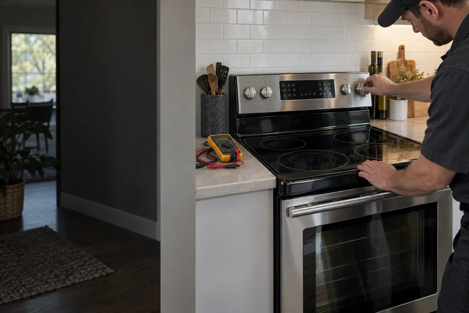 Stove Repair technician diagnosing an appliance in Ottawa