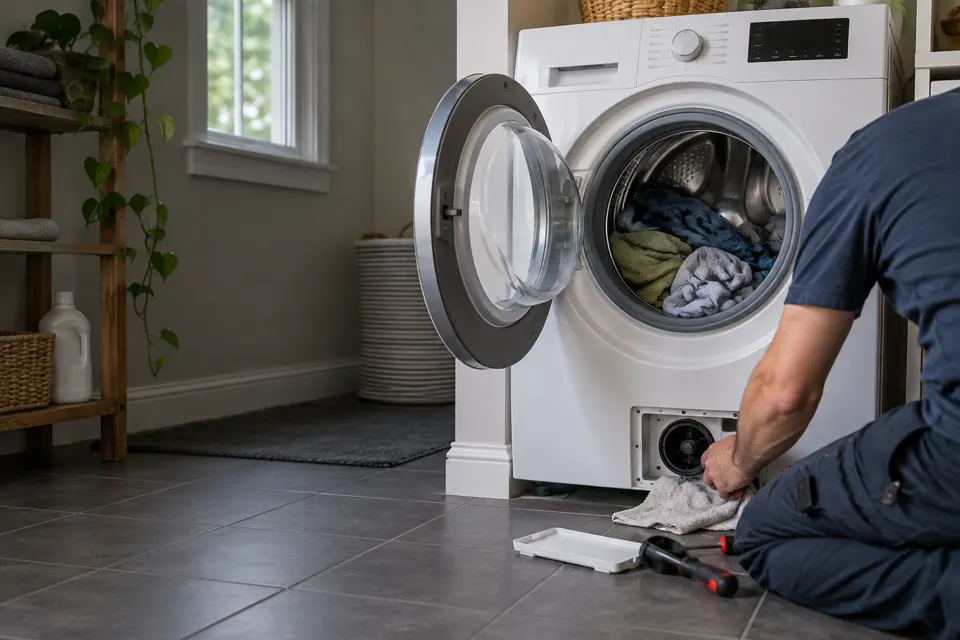 Washer Repair technician diagnosing an appliance in Ottawa